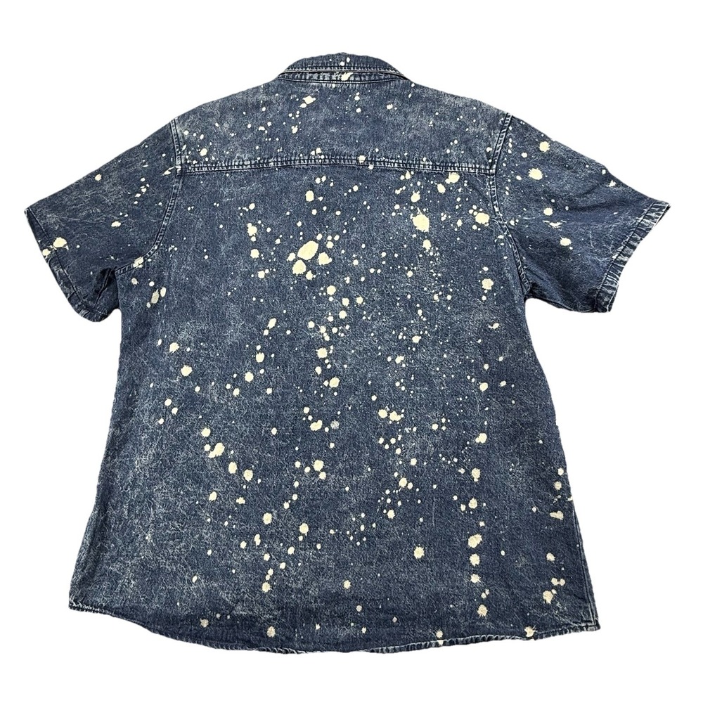 GS115 Button-Up Shirt Men L Blue Denim Splattered Distressed Short Sleeve Cotton - Picture 6 of 6